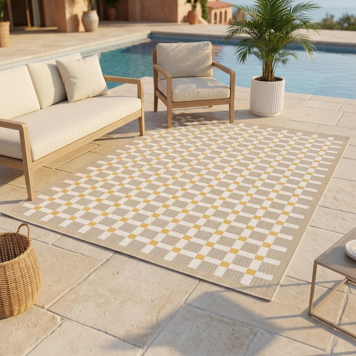 Tapis extérieur intérieur damier moderne  et  SUNSHINE DAMIER beige, jaune, THE DECO FACTORY