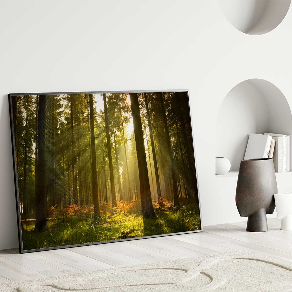 Affiche encadrée forêt baignée de lumière dorée affiche + cadre en métal - noir, HEXOA
