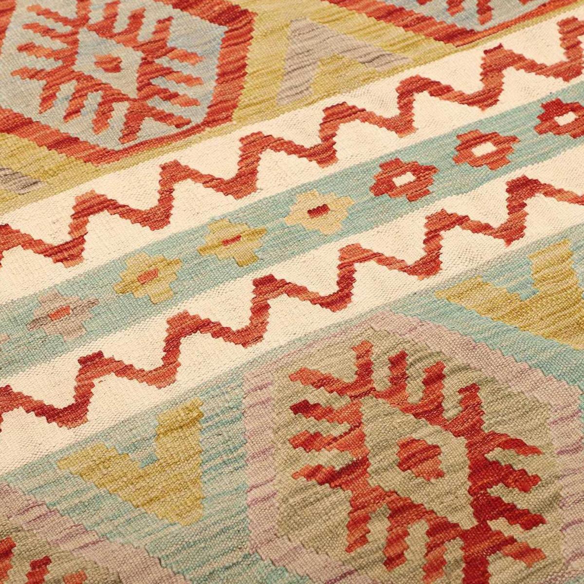 Tapis d'orient au motif ethnique, tissé plat en laine pure, KILIM 4 multicolore, crème, rouge, UN AMOUR DE TAPIS