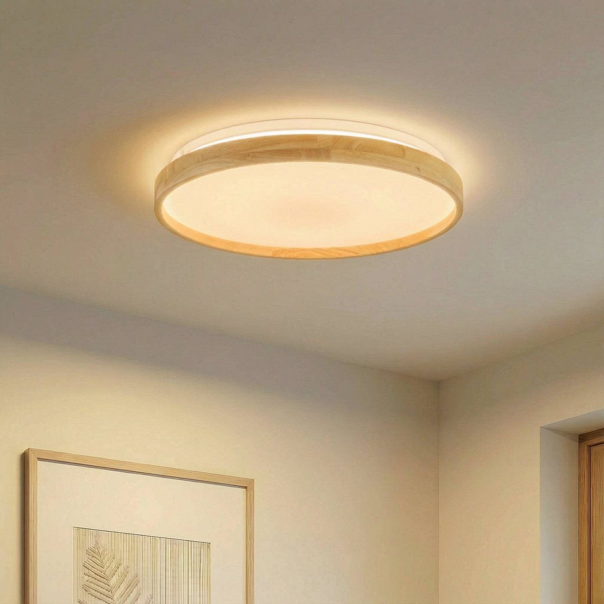 Plafonnier connecté moderneLED, Mirren blanc, bois clair, LINDBY