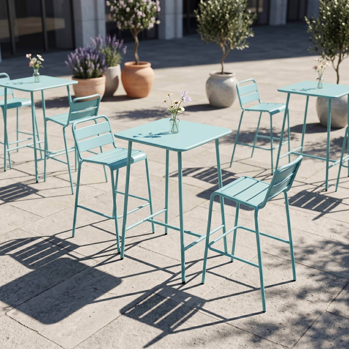 Salon de jardin table de bar et 2 chaises en acier, PALAVAS bleu turquoise, OVIALA