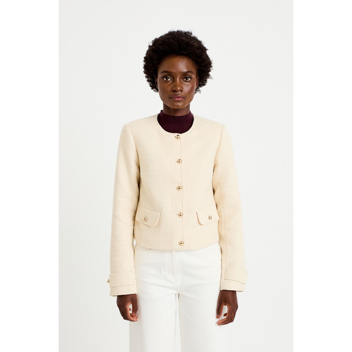 Veste tweed cintrée col mao ecru, CACHE CACHE