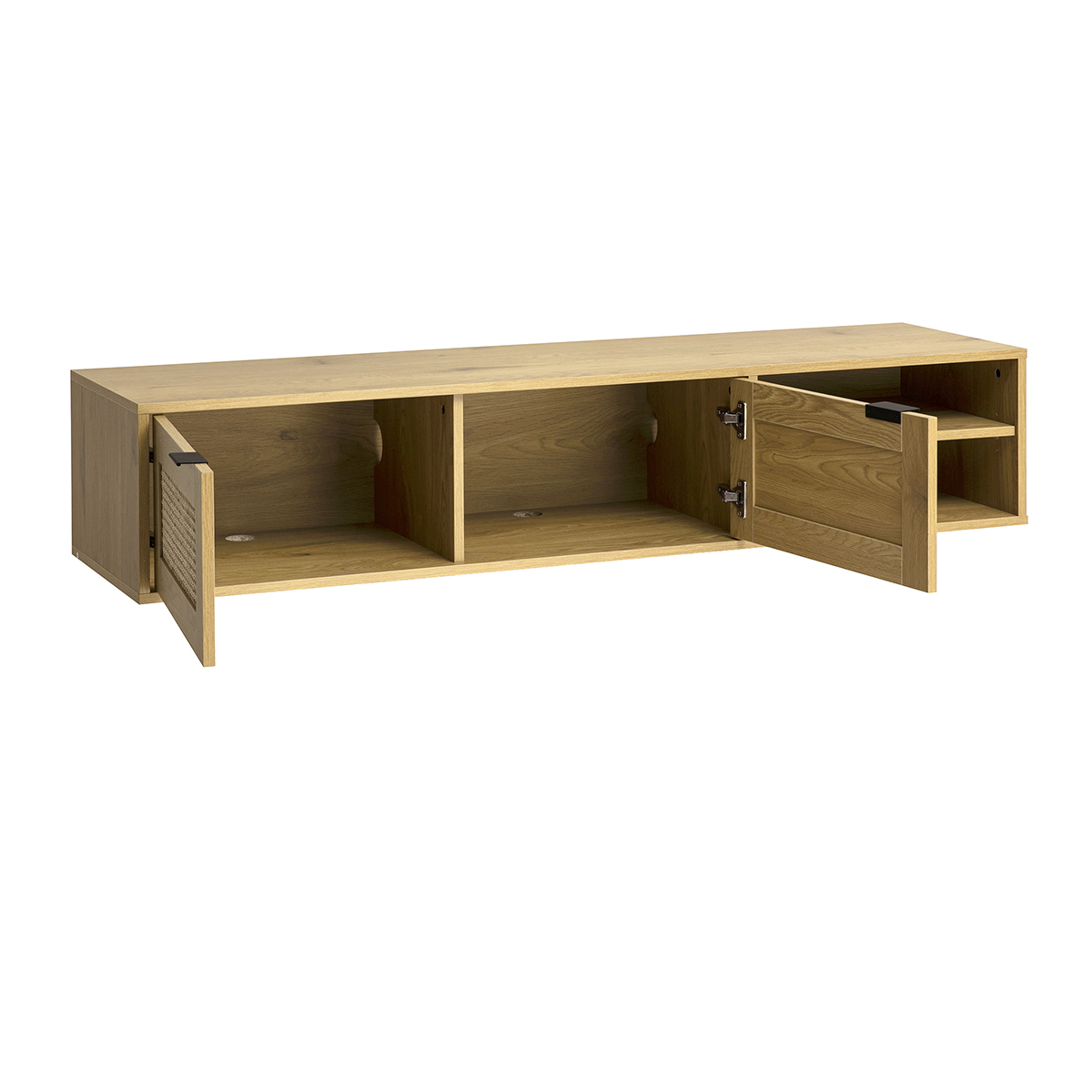 Meuble tv mural finition bois clair et cannage rotin 2 portes L150 cm MANILLE chêne clair, MILIBOO