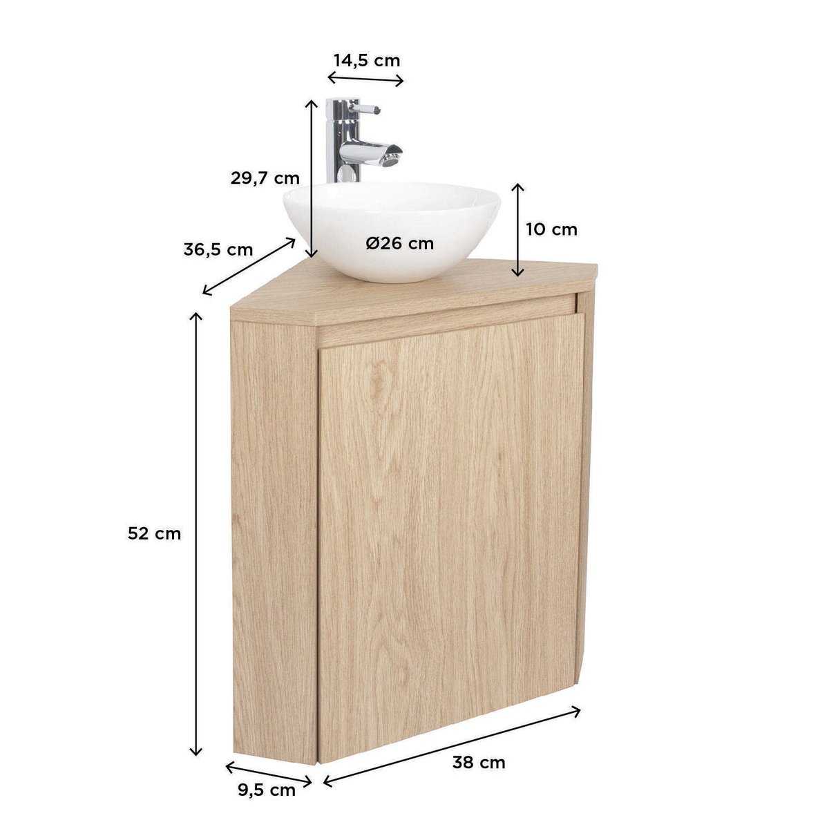 Ensemble lave-mains d'angle avec vasque et robinet SORRENTO décor chêne, MOB IN