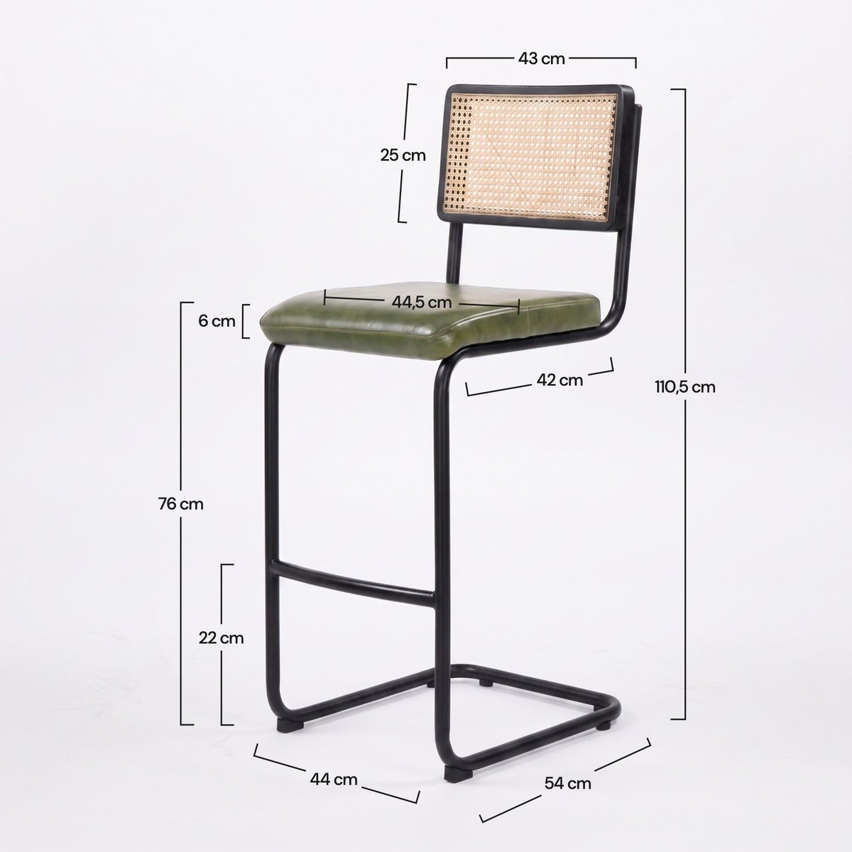 Lot de 2 chaises de bar 76 cm en cannage et cuir - LÉANDRE vert, MAISON PAVANE