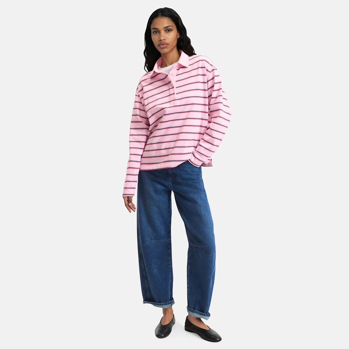 Striped Polo Shirt with Long Sleeves pink striped, LA REDOUTE COLLECTIONS