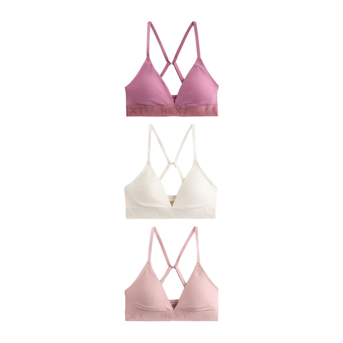 Brassière côtelée en coton à logo, lot de 3 rose/lilas/crème, NEXT
