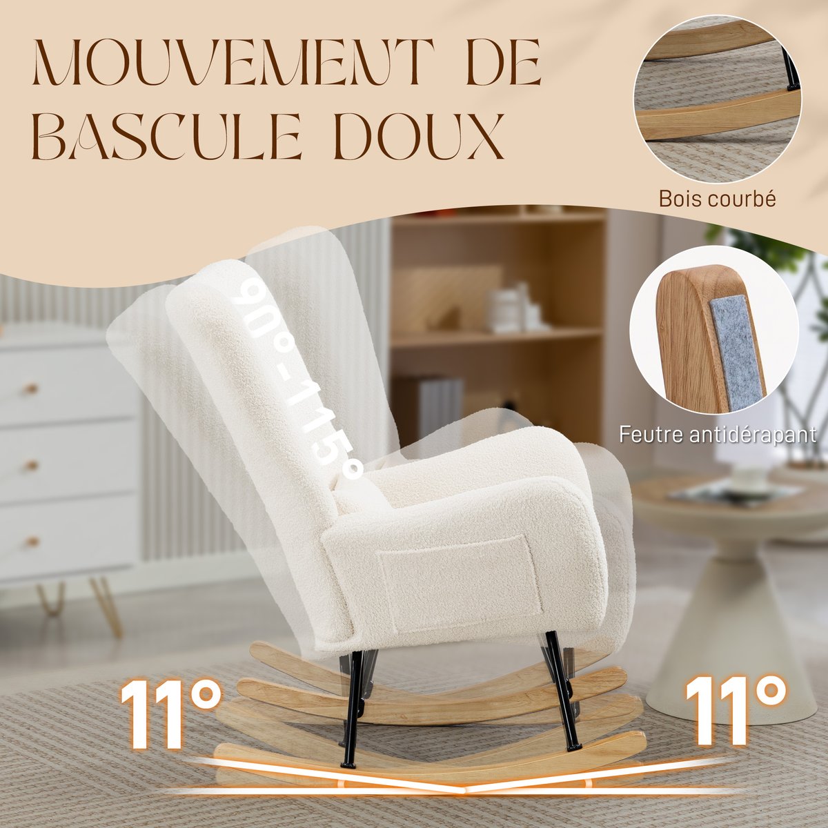 Fauteuil à bascule Peluche Teddy Crème crème, HOMCOM