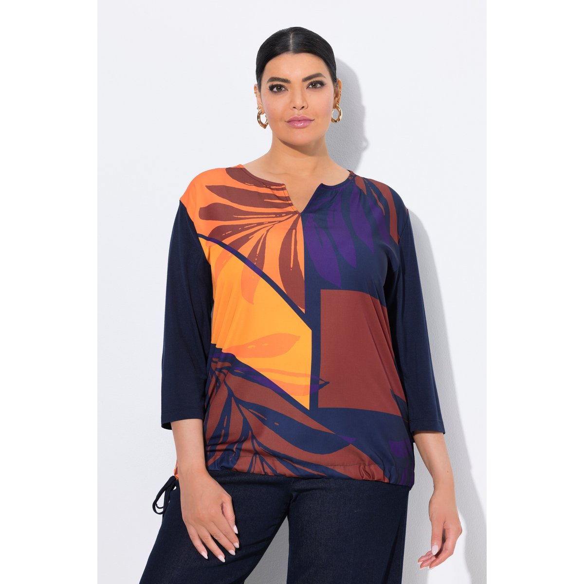 T-shirt col tunisien et manches 3/4 marine, ULLA POPKEN