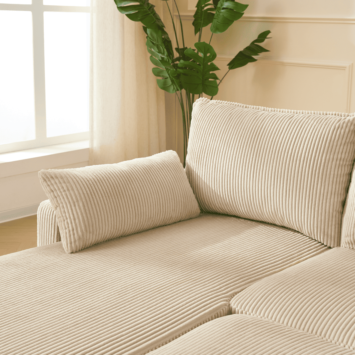 Canapé convertible 3 places en velours LOUISON beige, CALICOSY