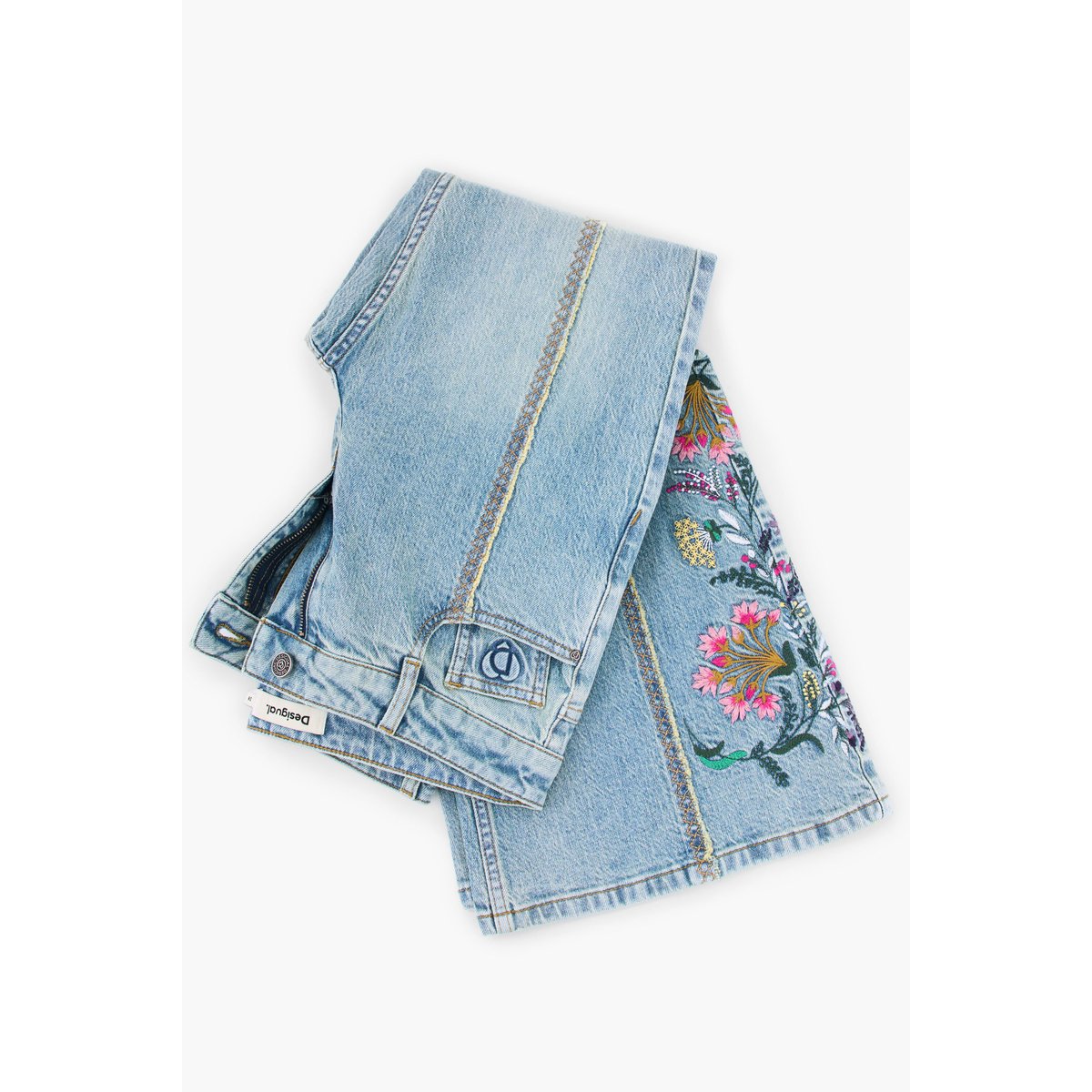 Pantalon en jean à fleurs évasé bleu clair, DESIGUAL