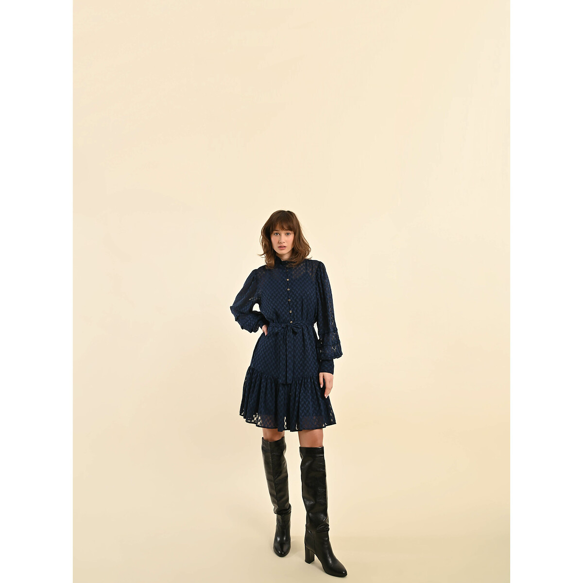 Buttoned Mini Dress with Tie-Waist and High Neck navy blue, MOLLY BRACKEN