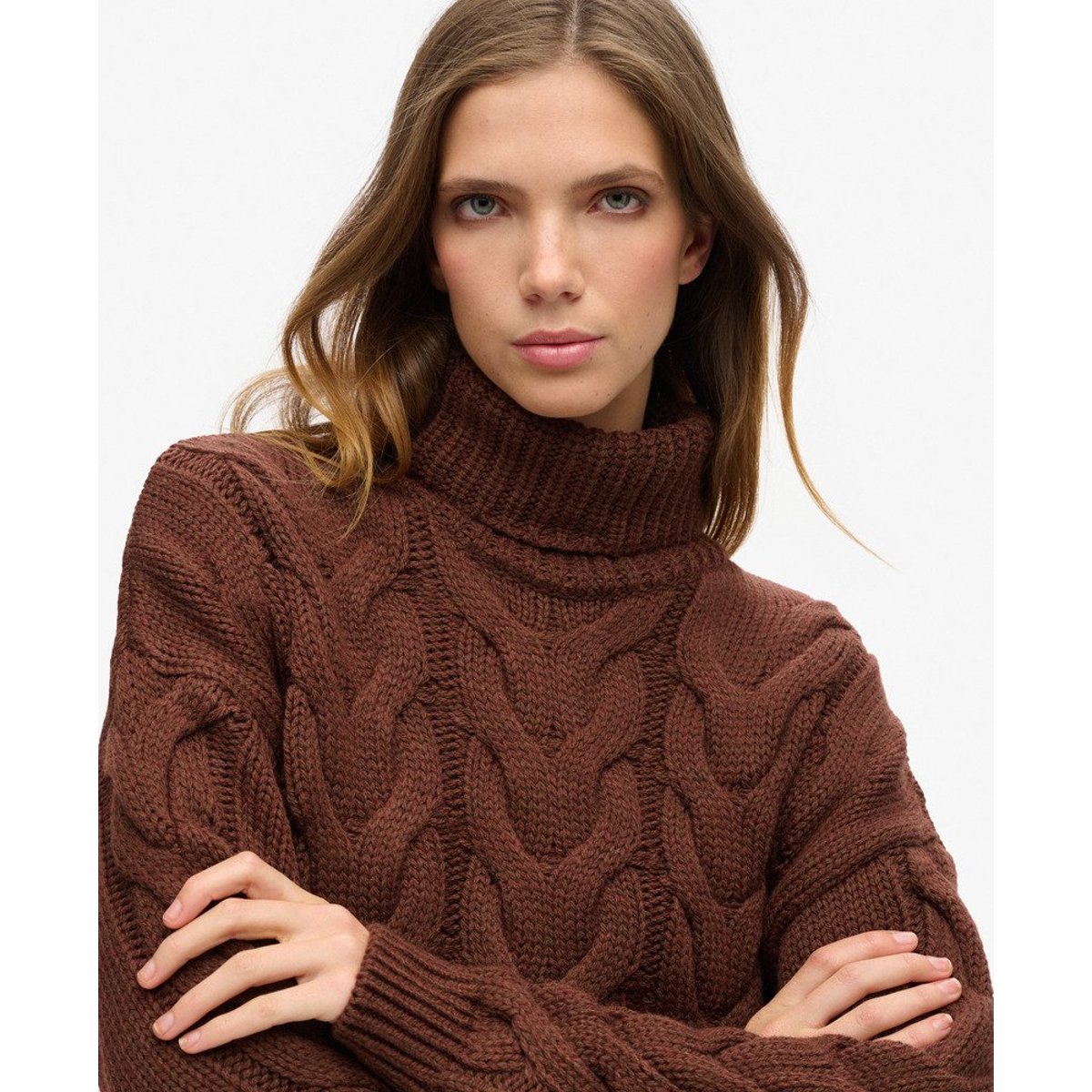 Pull polo en maille torsadée avec chaîne café chicorée marron twist, SUPERDRY