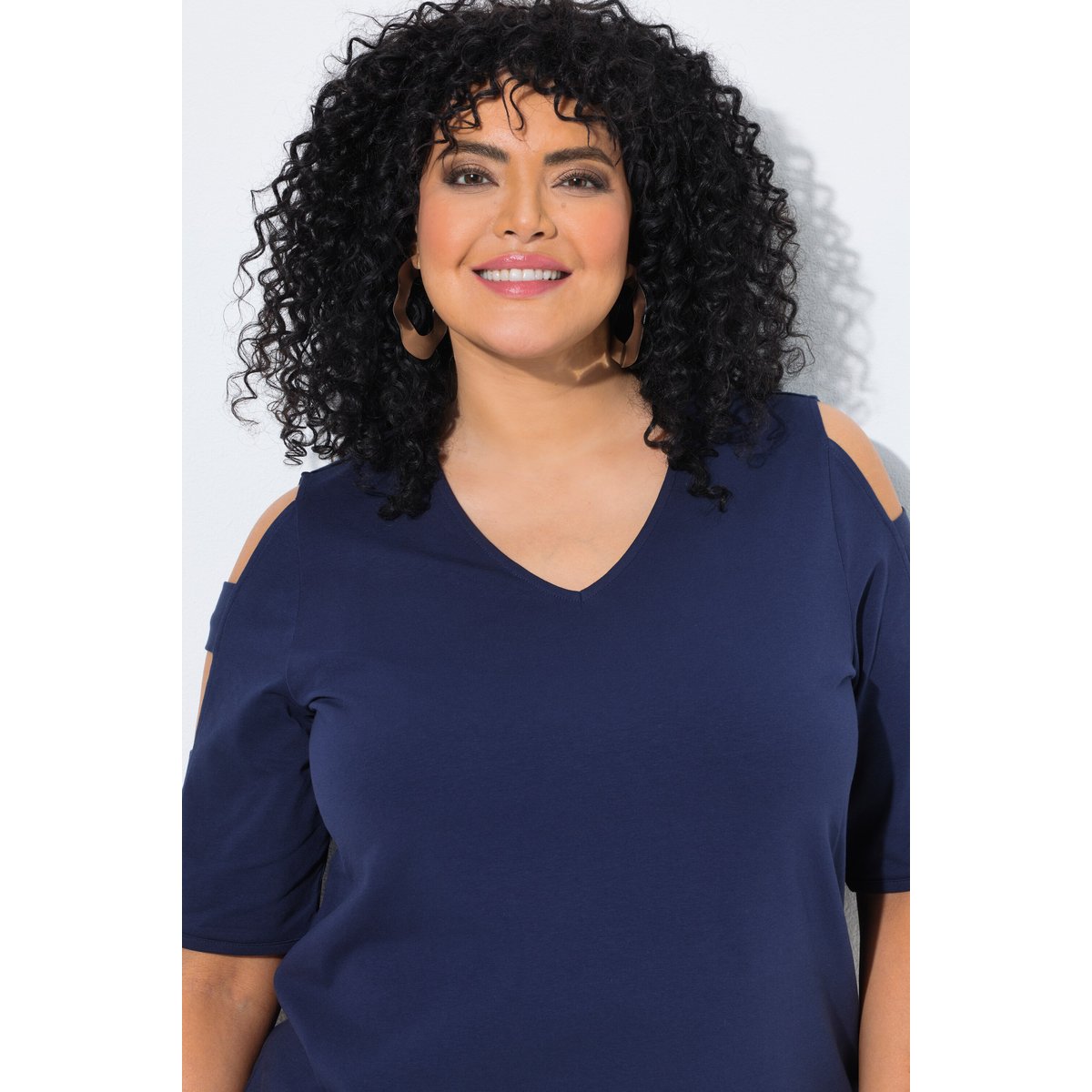 T-shirt décolleté en V et manches courtes marine, ULLA POPKEN