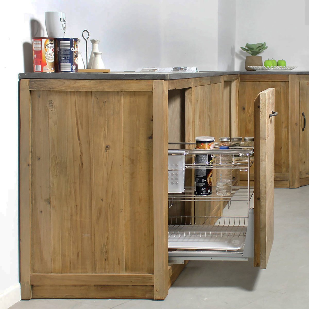 Meuble bas de cuisine en bois recyclé et pierre bleue CHAMPÊTRE bois clair, MADE IN MEUBLES