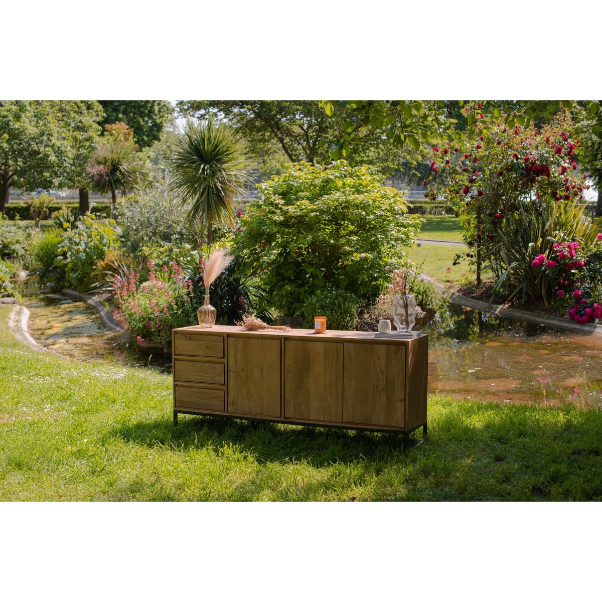 Buffet bas en bois massif 3 portes 190 cm, BERGERAC bois clair, BOBOCHIC