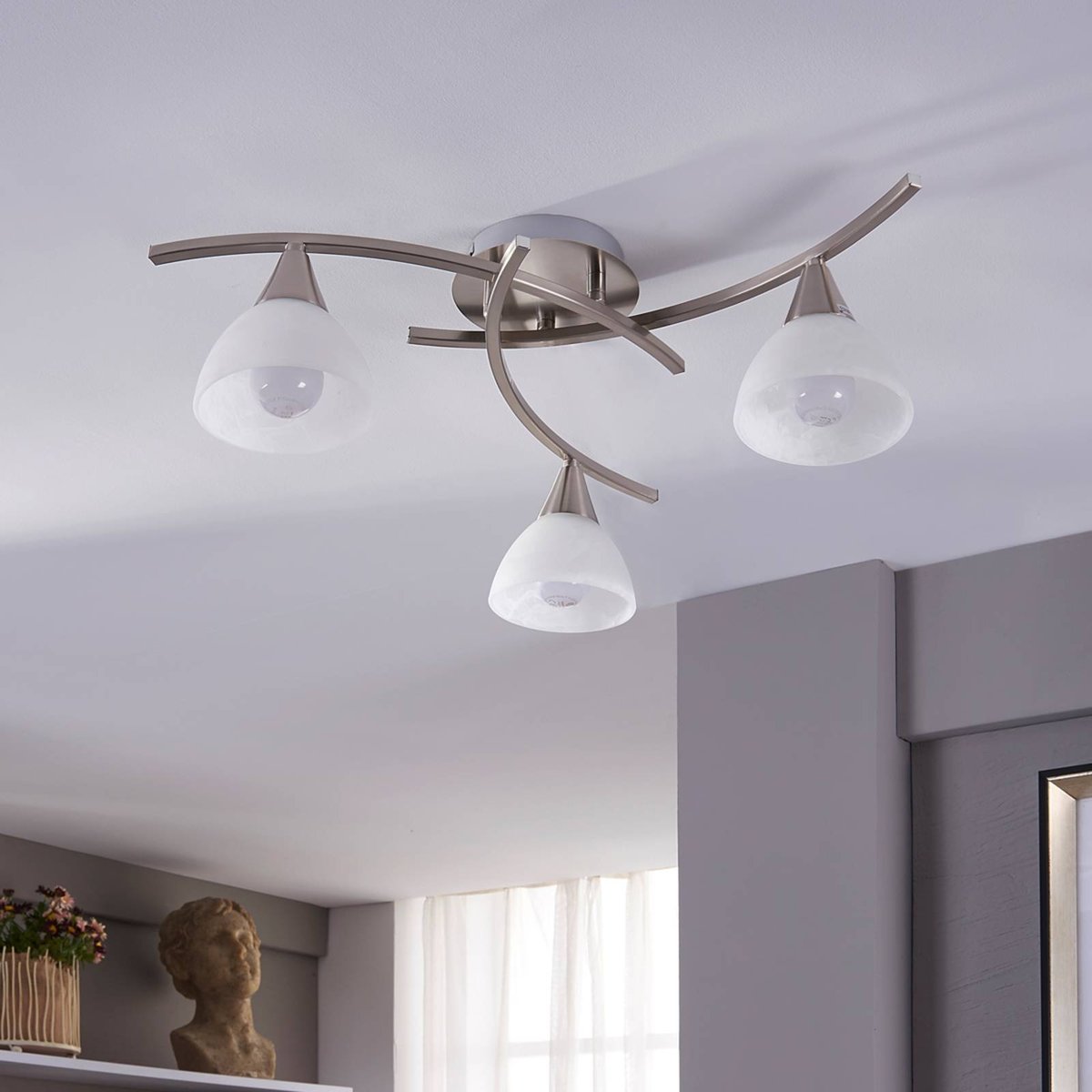 Plafonnier en verre traditionnel, Della blanc, nickel mat, LINDBY
