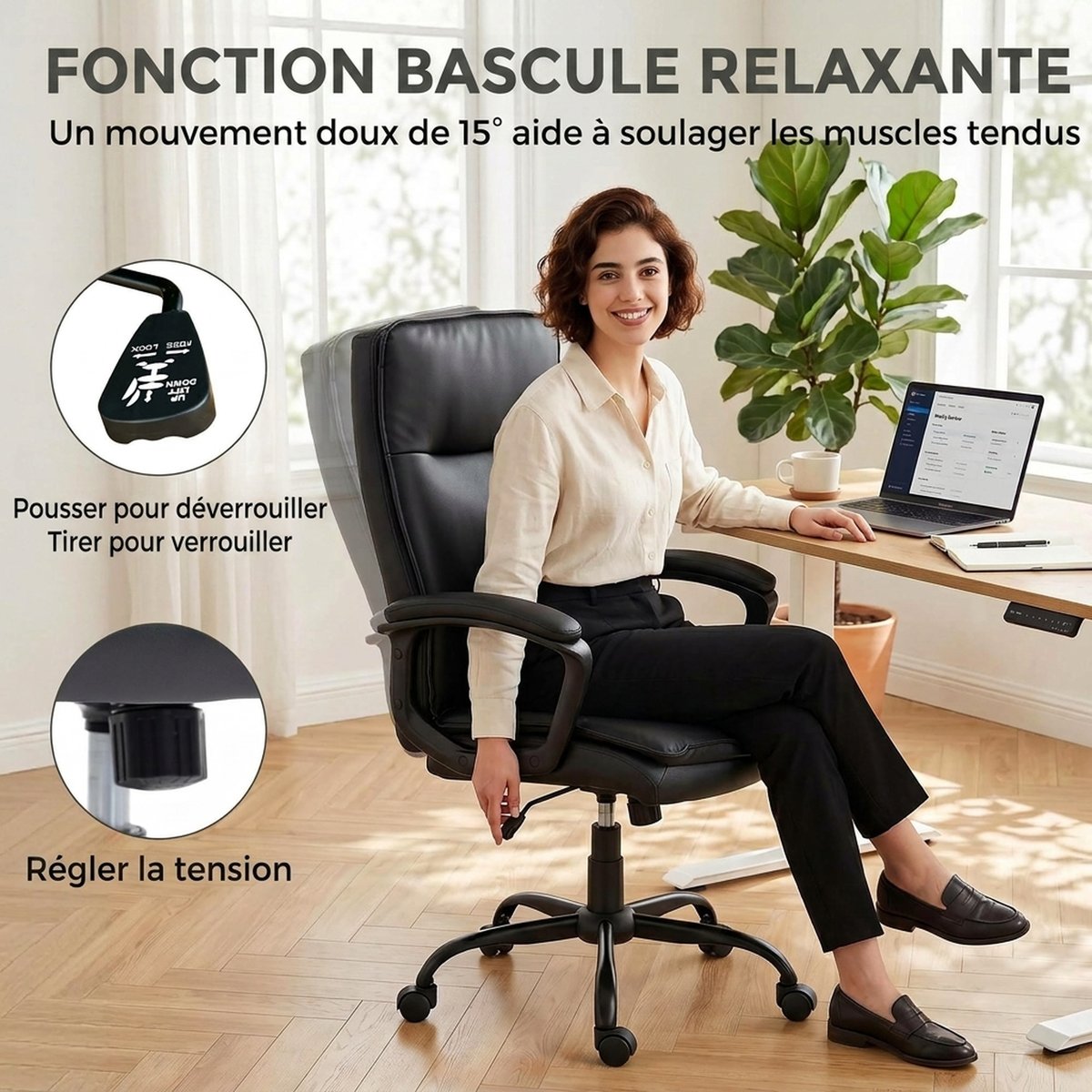 Chaise de bureau PU Noir noir, HOMCOM