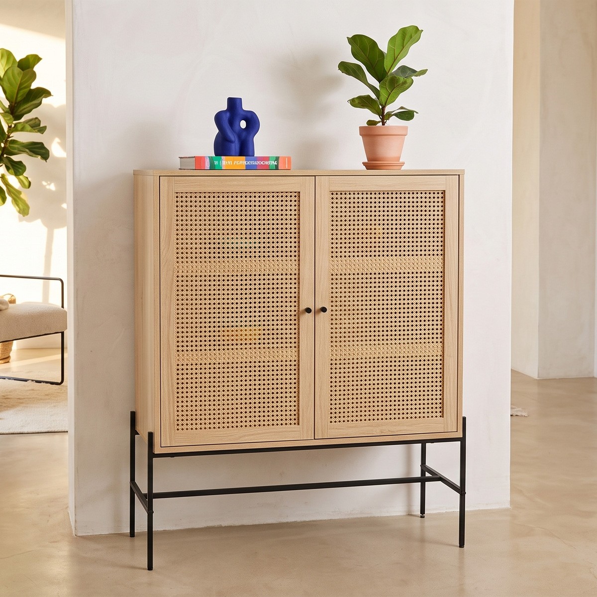 Buffet haut 2 portes en cannage et effet chêne - IRIS naturel, HOMIFAB