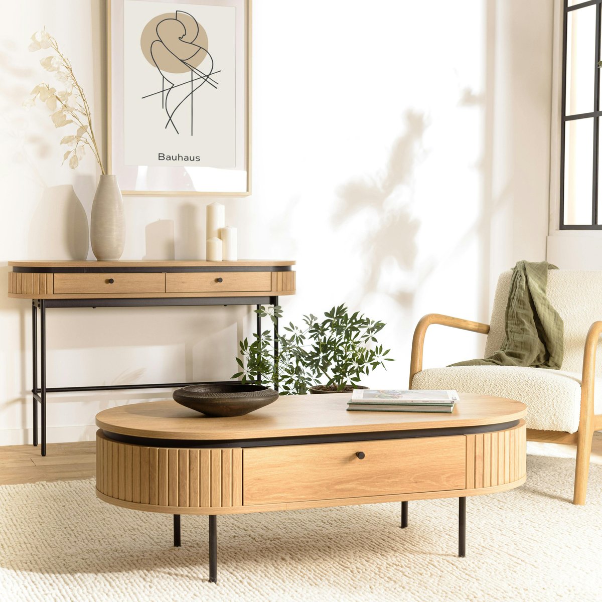 Table basse 2 tiroirs bords arrondis bois décor strié JINAN bois naturel, PIER IMPORT
