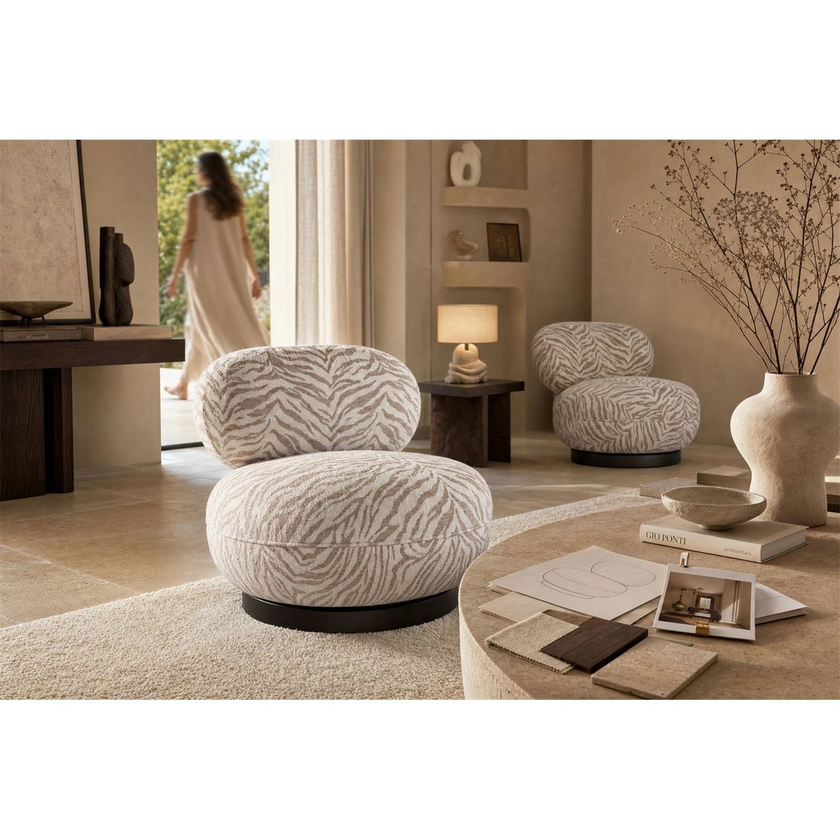 Fauteuil lounge pivotant motif tigre beige tigre, RECOLLECTION