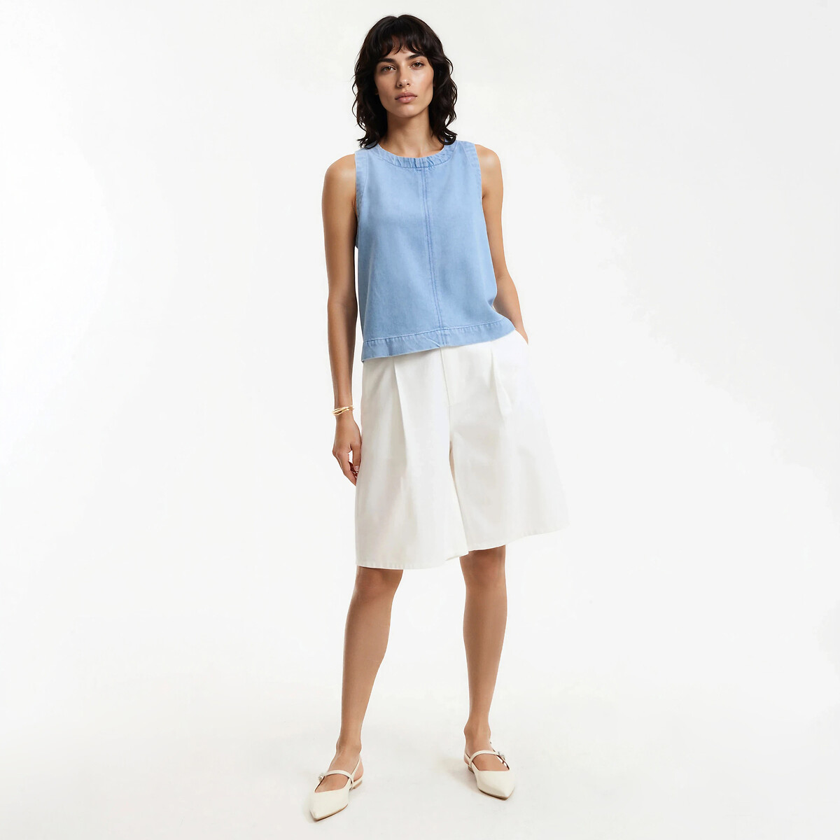 Top sans manches col rond en denim bleu bleach, LA REDOUTE COLLECTIONS