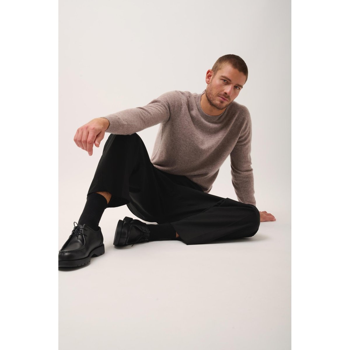 Pull Col Rond Caribou Chiné Howard marron clair, JUST CASHMERE