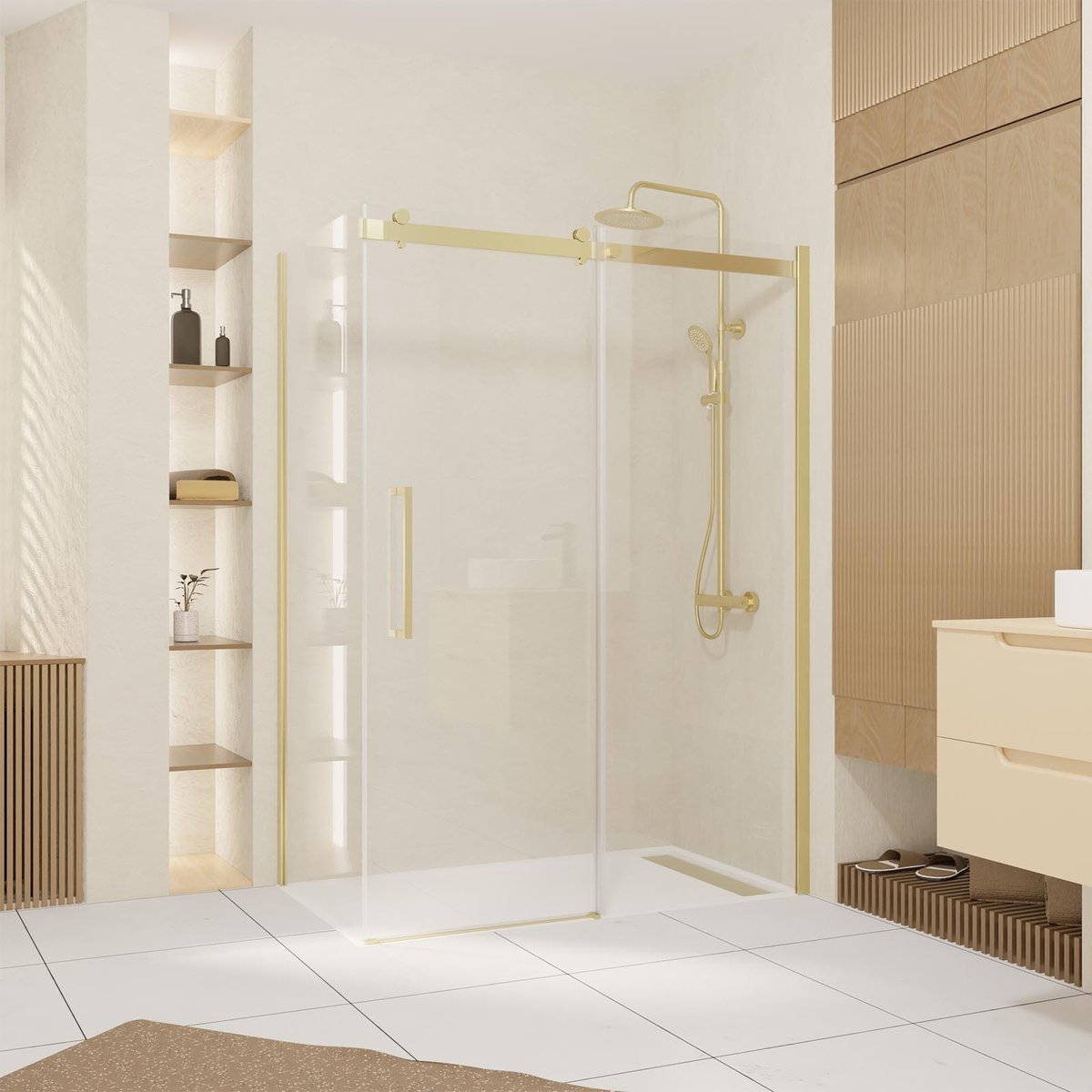 Porte de douche coulissante en verre trempé doré, HOME MAISON