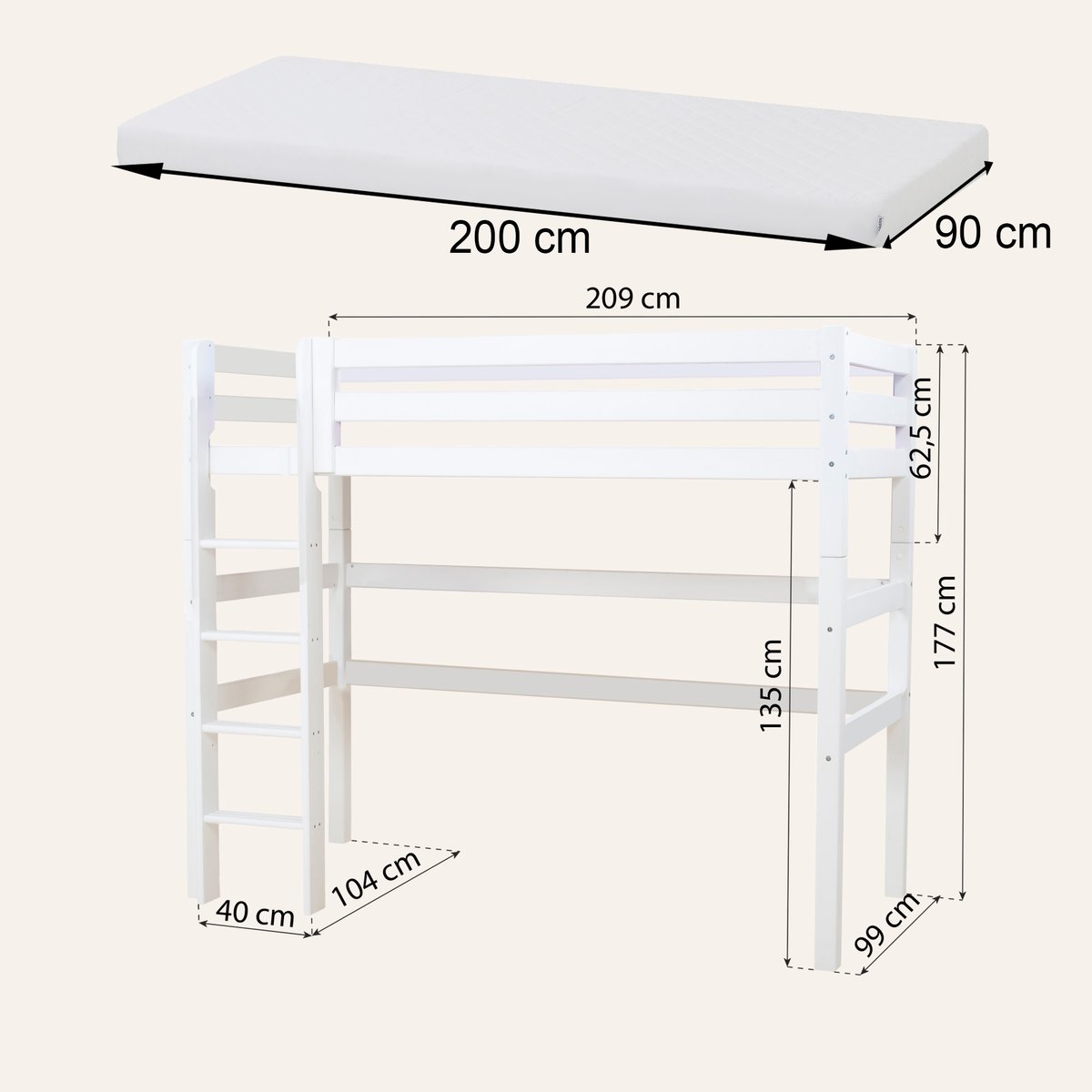 Lit Mezzanine pin massif ECO LUXURY blanc, HOPPEKIDS