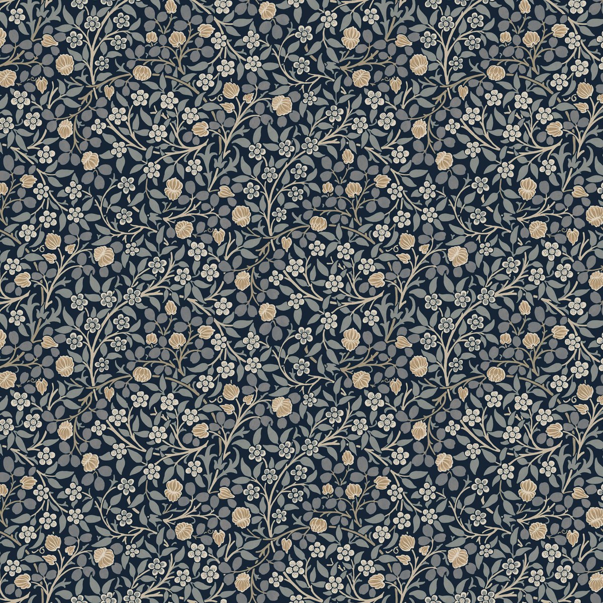 Papier peint fleuri Clover Midnight bleu, ocre, beige, WILLIAM MORRIS AT HOME