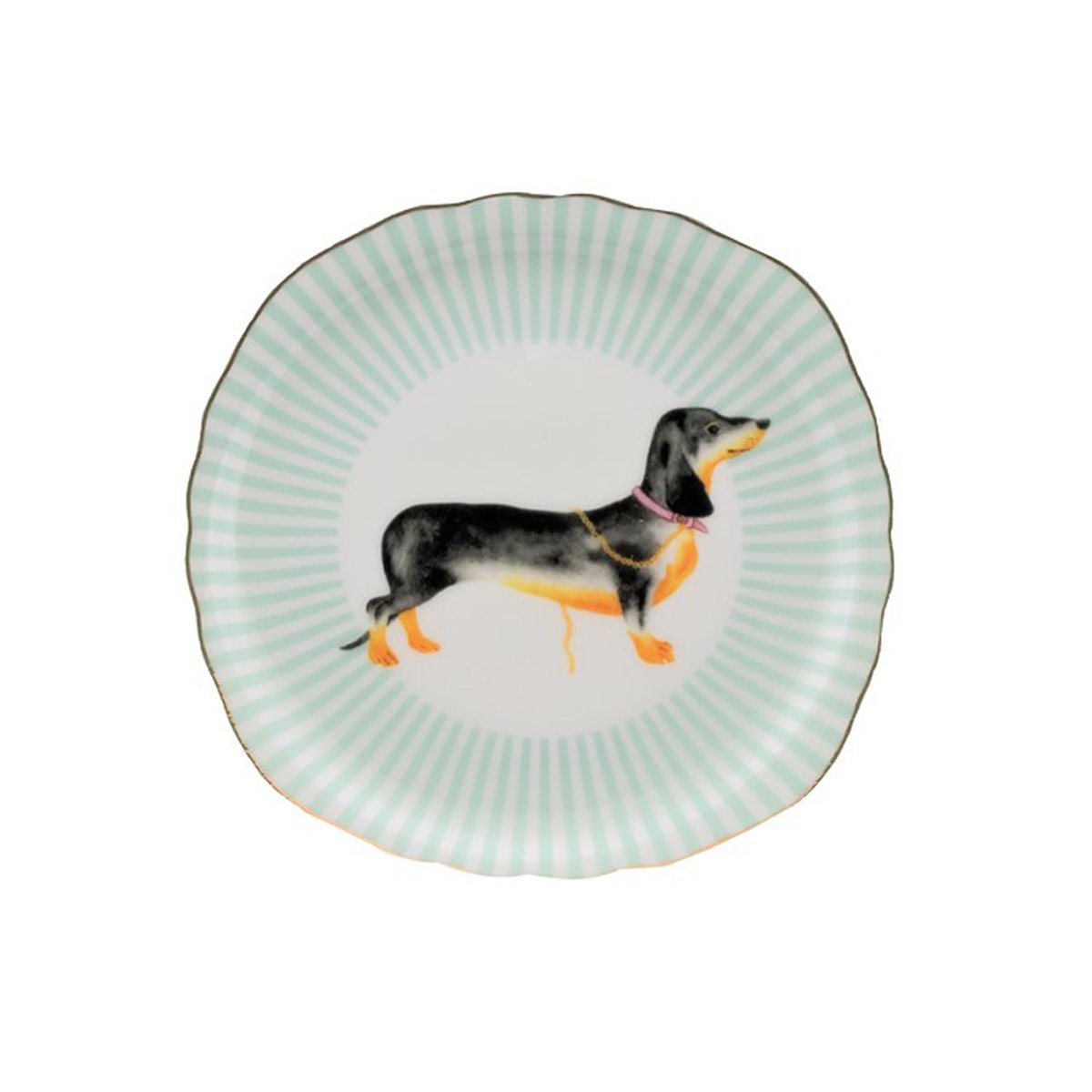 Assiette Teckel 16cm multicolor , détails bords dorés, YVONNE ELLEN
