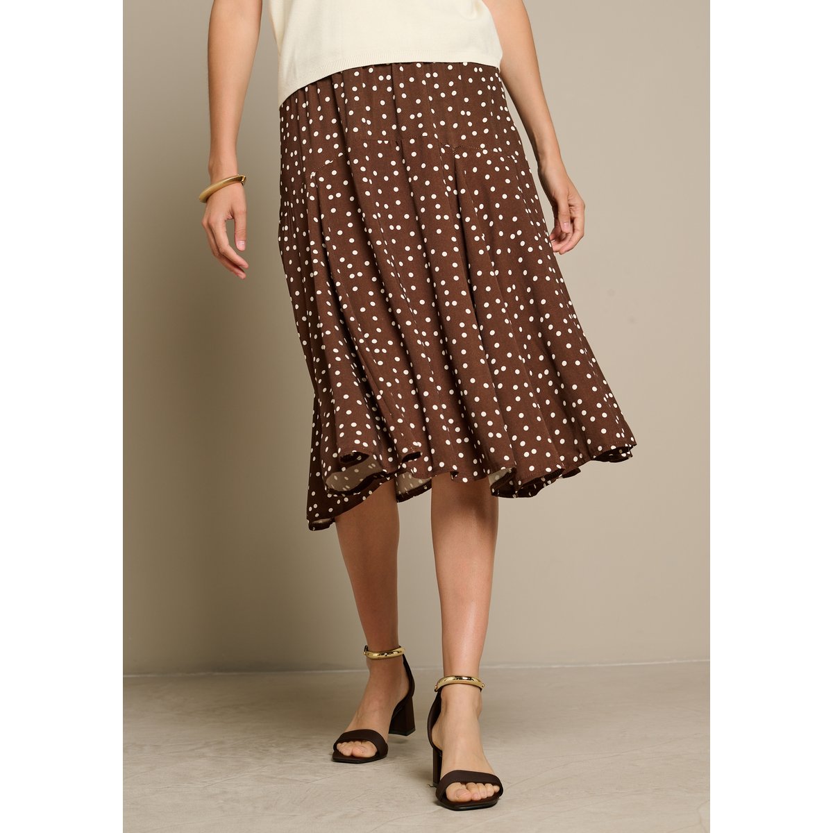 Jupe midi à pois brun fonce chocolate, LOLALIZA