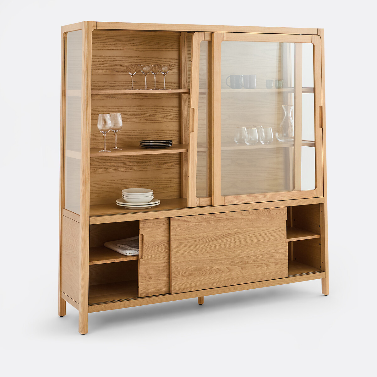 Vitrine en frêne massif et placage chêne, 4 portes, hauteur 180 cm, Tress coloris chêne, LA REDOUTE INTERIEURS