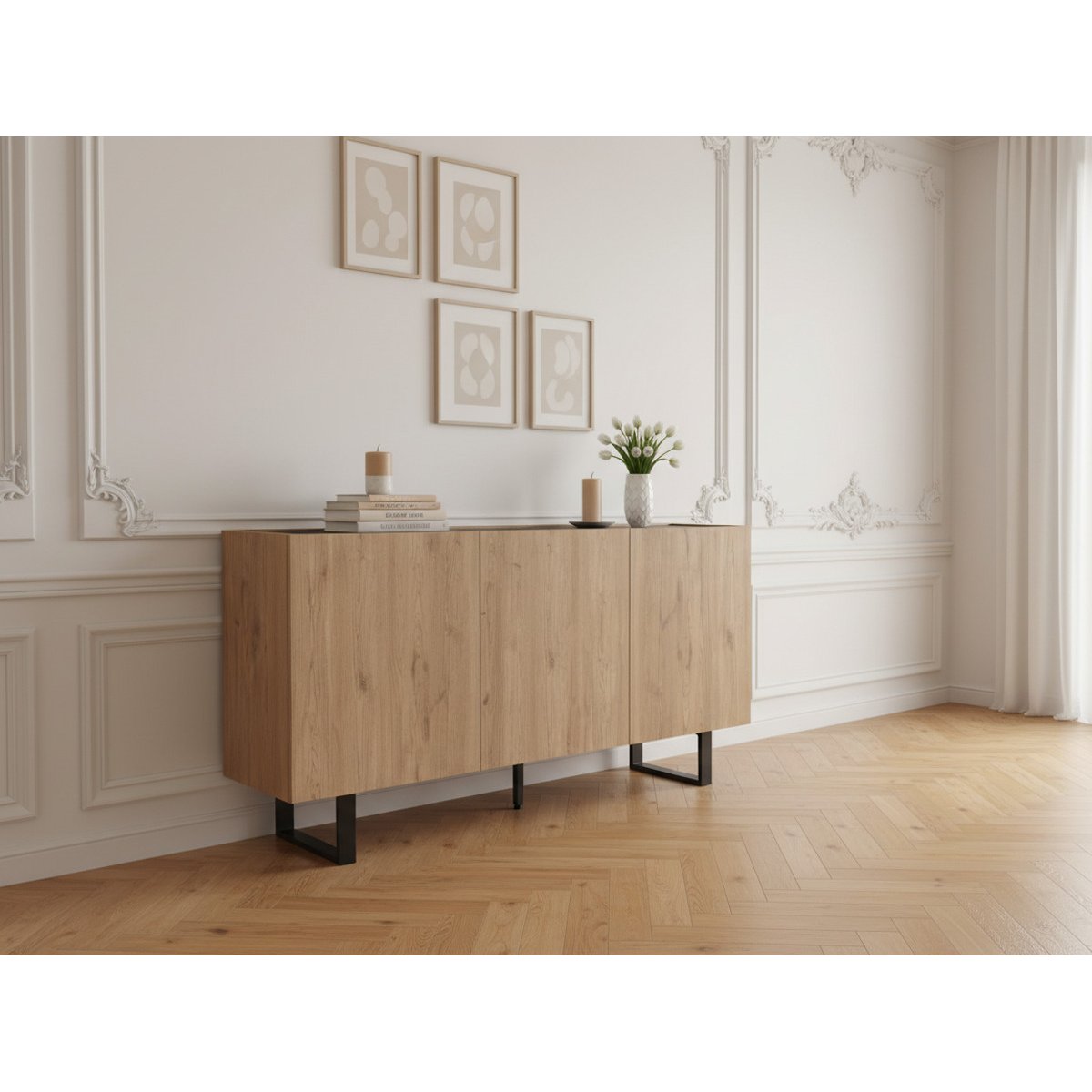 Buffet bas en panneaux de particules 3 portes 140 cm, OPERA marron clair, BOBOCHIC