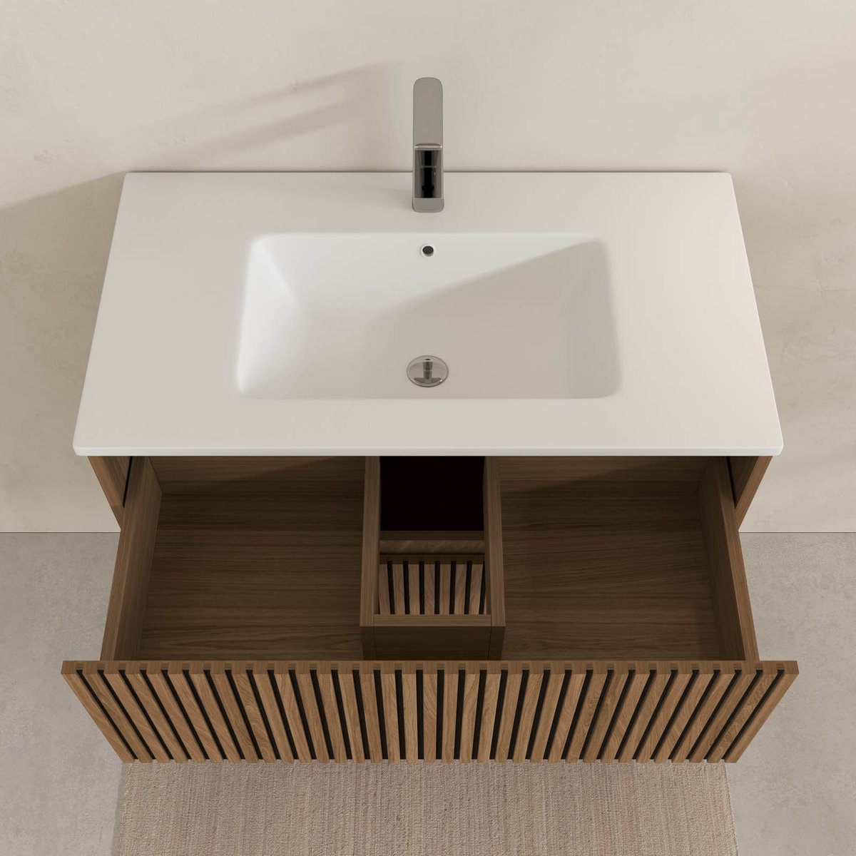 Meuble de salle de bain suspendu avec façade crantée, vasque(s) et miroir(s) LED naturel, HOME MAISON