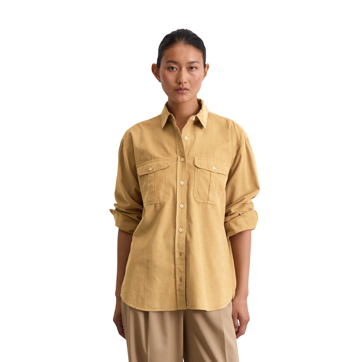 Blouse en velours côtelé fin relaxed en mélange de coton organique et de lyocell beige, MARC O'POLO