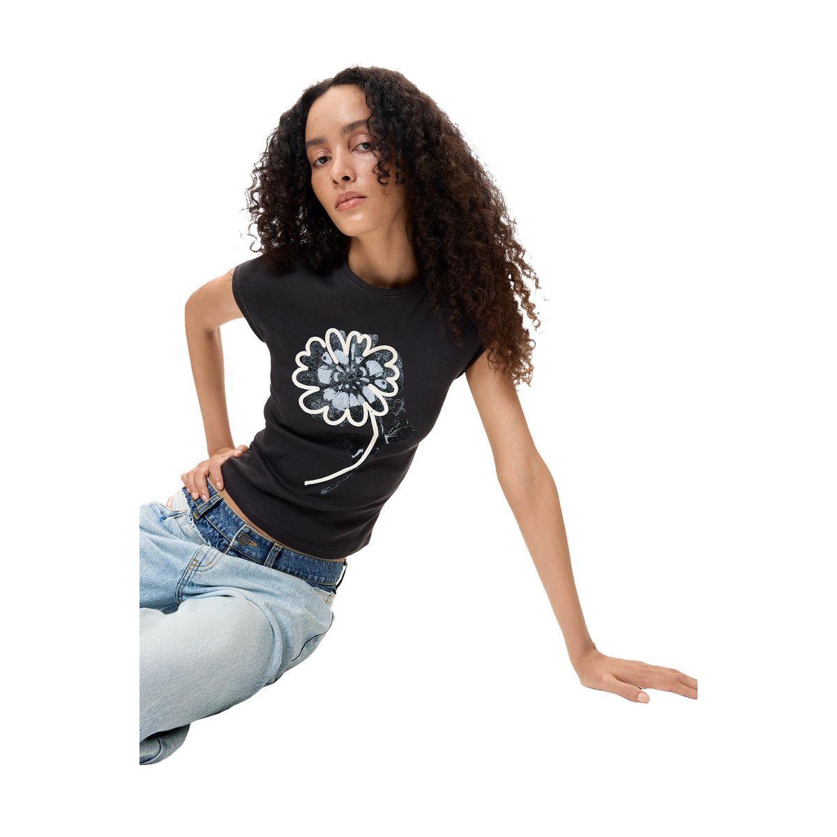 T-shirt à imprimé floral noir, DESIGUAL