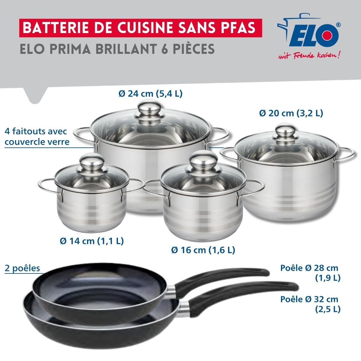 2 poêles 28/32cm + 4 faitouts 14/16/20/24cm PRIMA BRILLANT noir, ELO