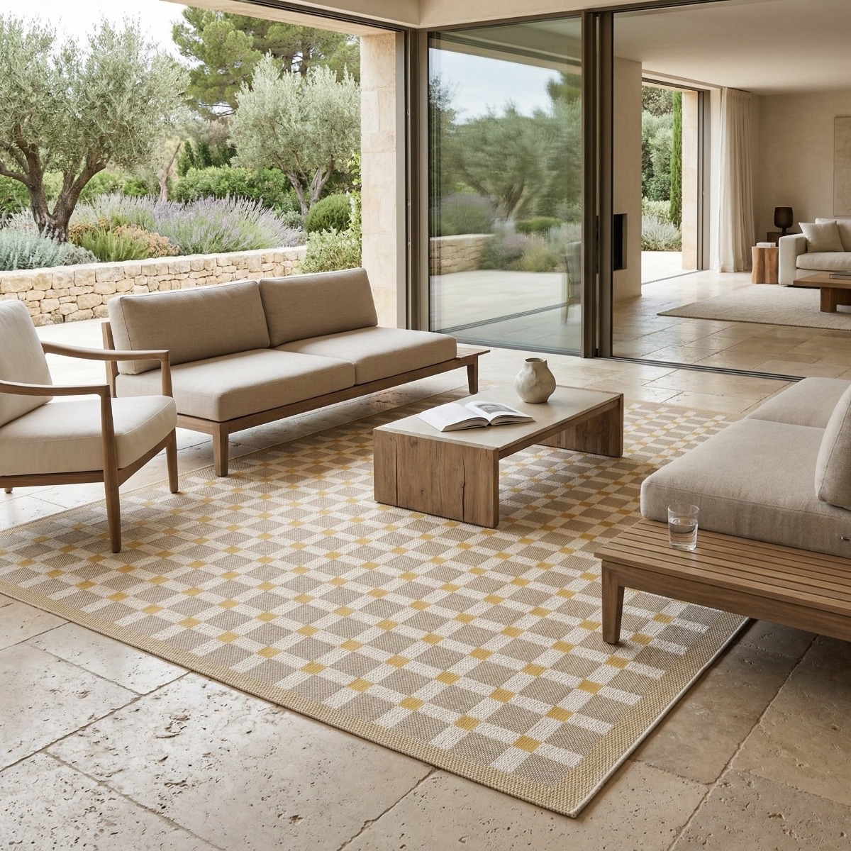 Tapis extérieur intérieur damier moderne  et  SUNSHINE DAMIER beige, jaune, THE DECO FACTORY