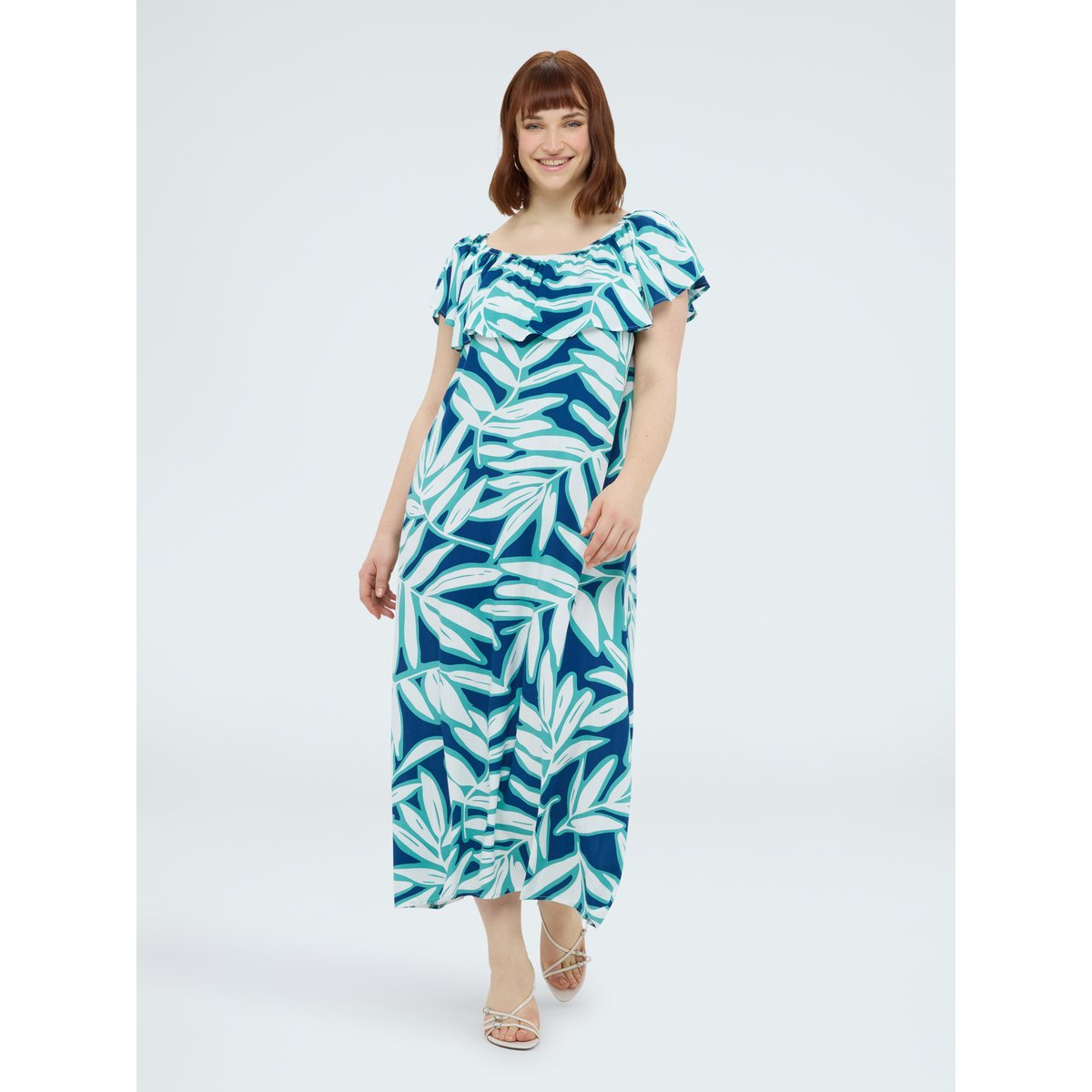 Robe à épaules dénudées avec imprimé bleu, FIORELLA RUBINO