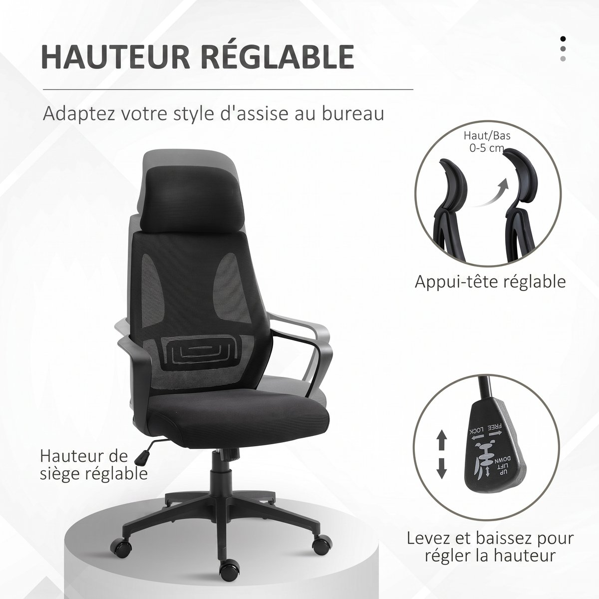 chaise de bureau Polyester Noir noir, HOMCOM