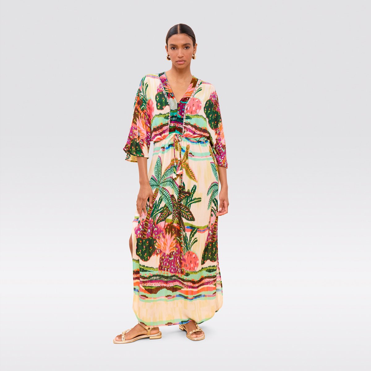 Robe longue fluide imprimée à dos nu ecru, LOLA CASADEMUNT