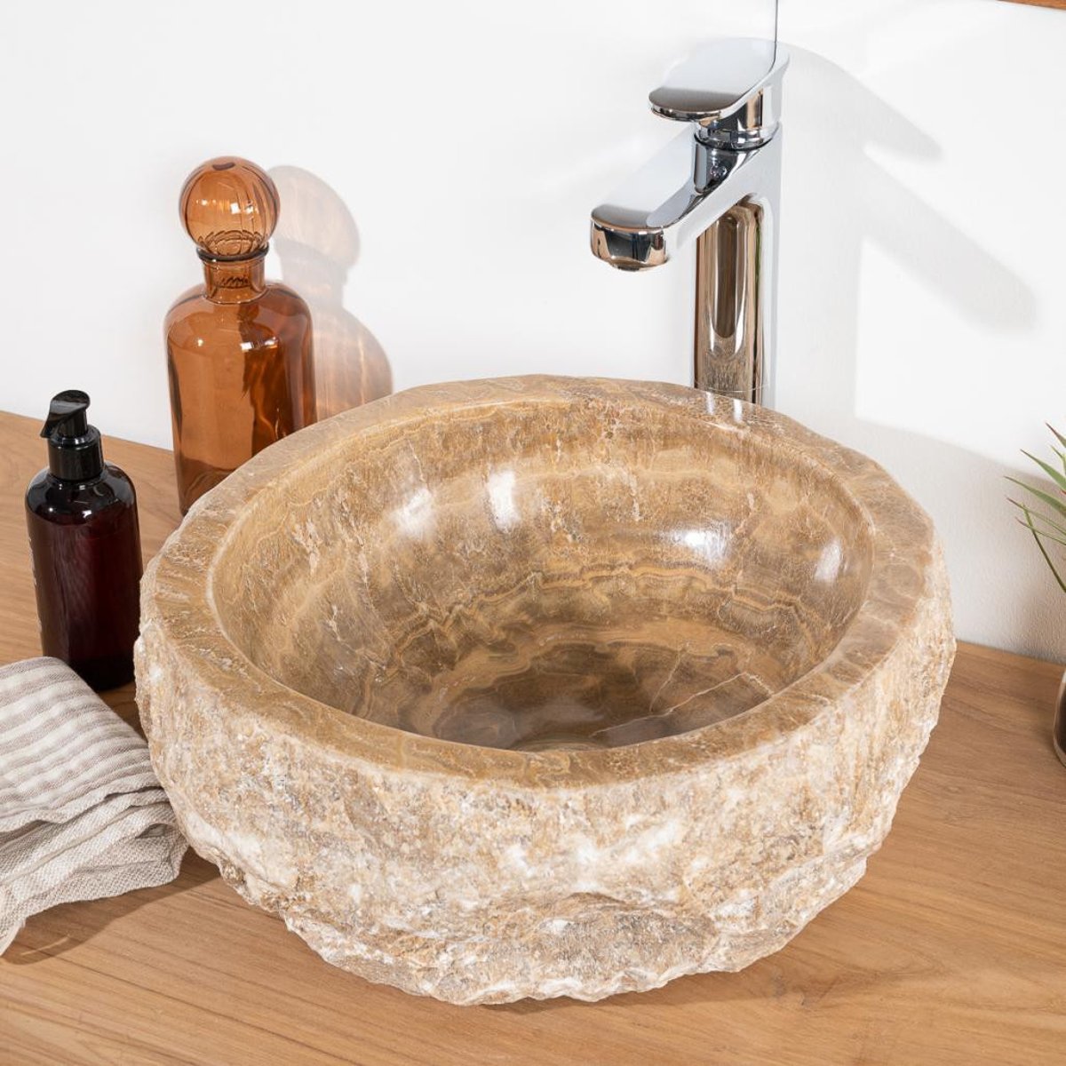 Vasque à poser de en pierre Onyx ronde 30-35cm crème, WANDA COLLECTION