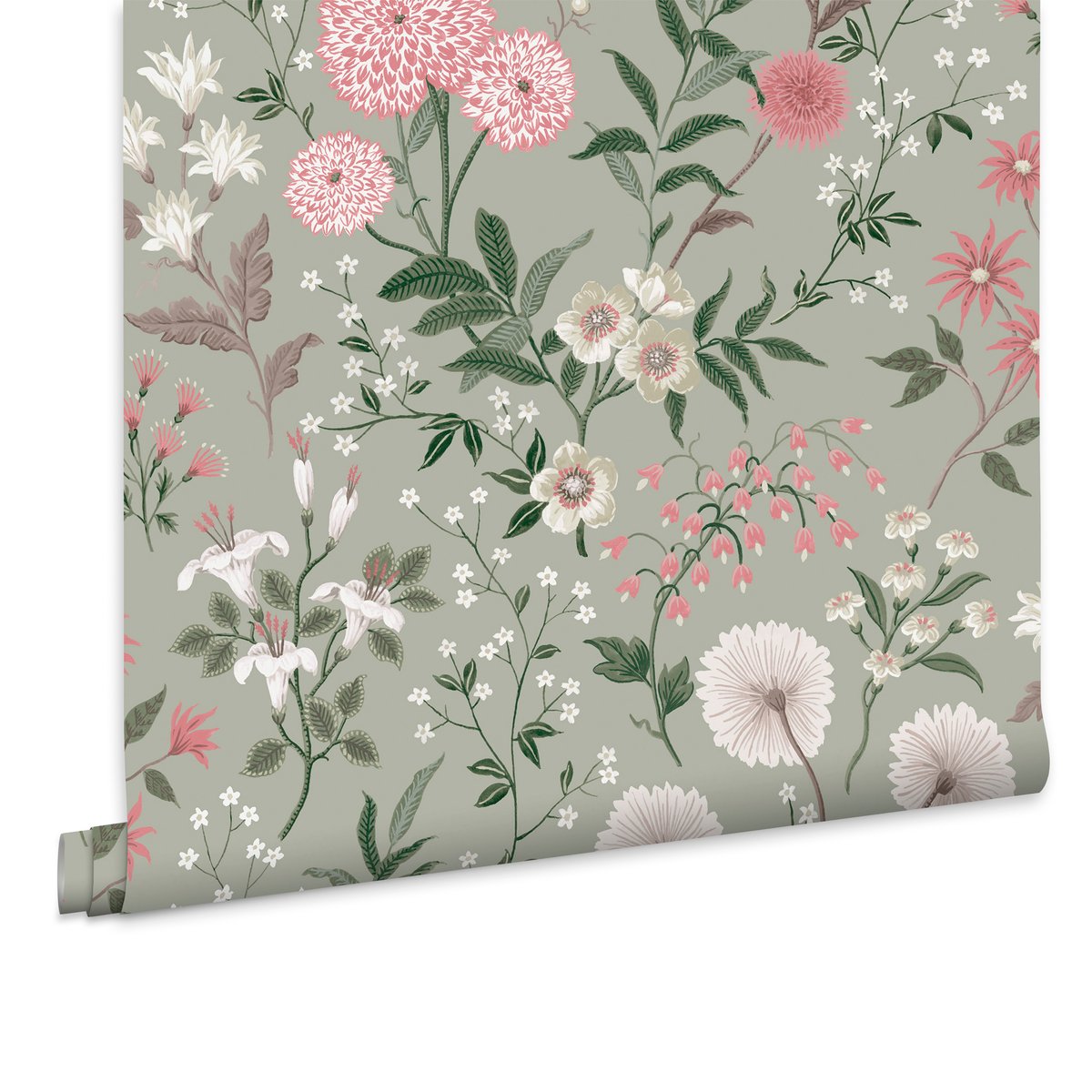 Papier peint Fleurs de dahlia et de lys Otterham Garden vert, rose, beige, LAURA ASHLEY
