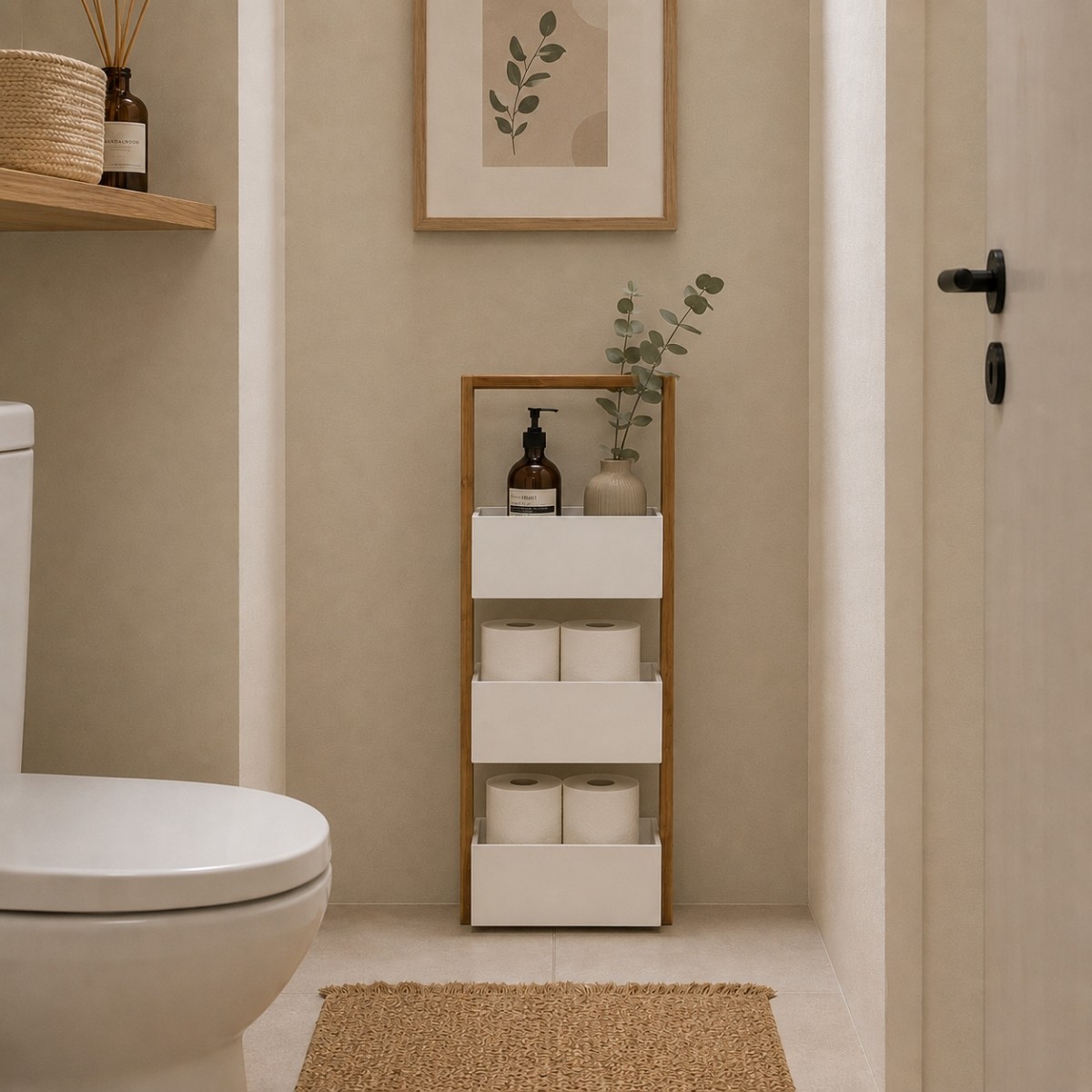 Etagère droite bambou 3 bacs de rangement blanc, CALICOSY