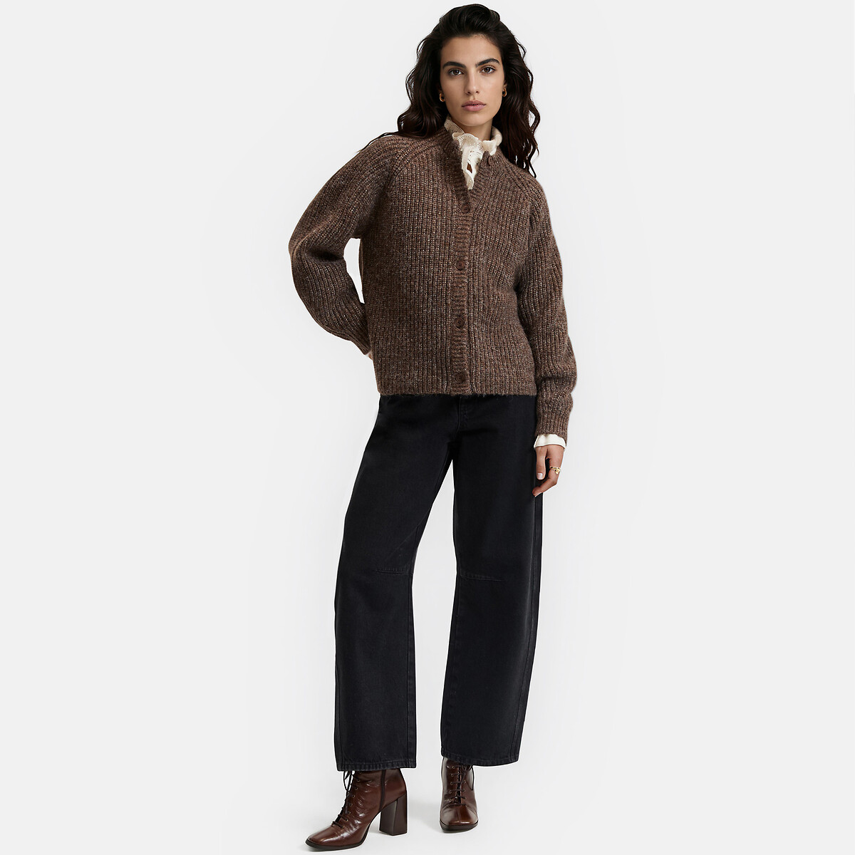 Cardigan col rond côtelé marron, LA REDOUTE COLLECTIONS