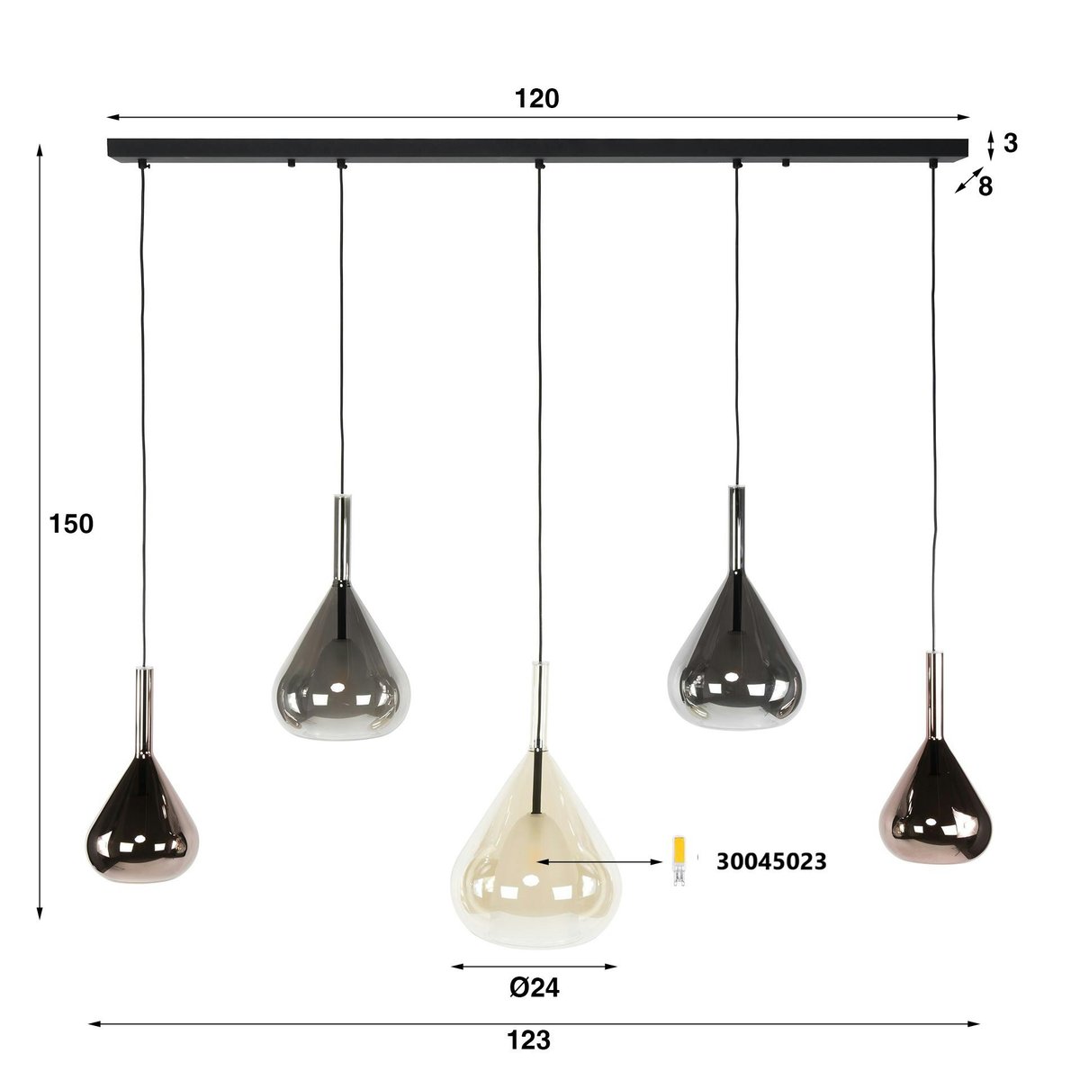 Suspension design verre 3 couleurs, 5 abat-jour goutte NIAGARA chrome, PIER IMPORT