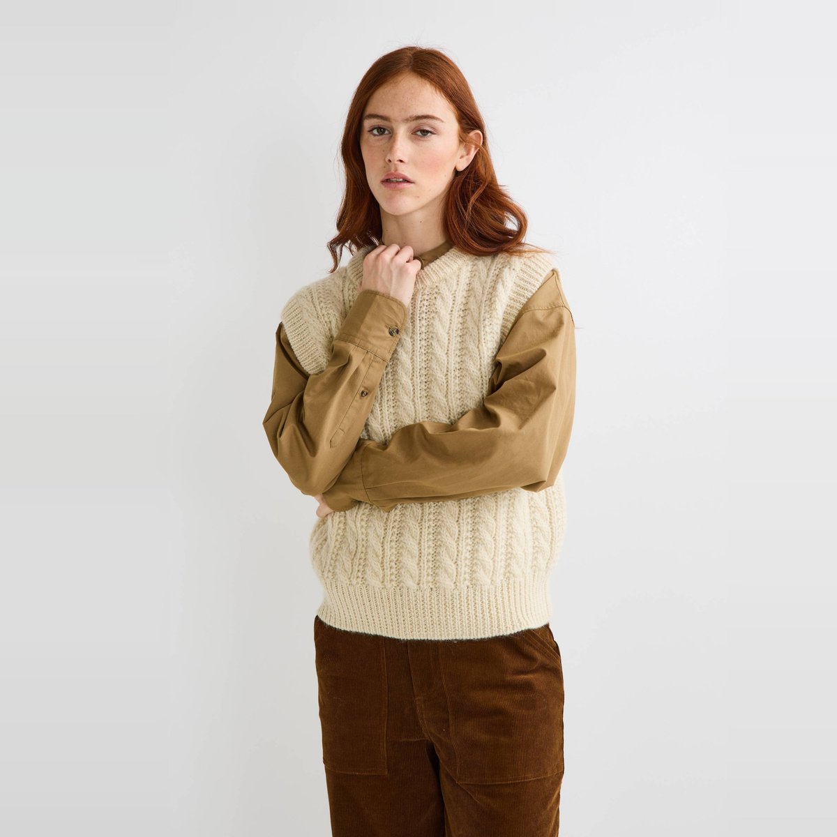 Pull sans manches à torsades en laine cream, MONOPRIX
