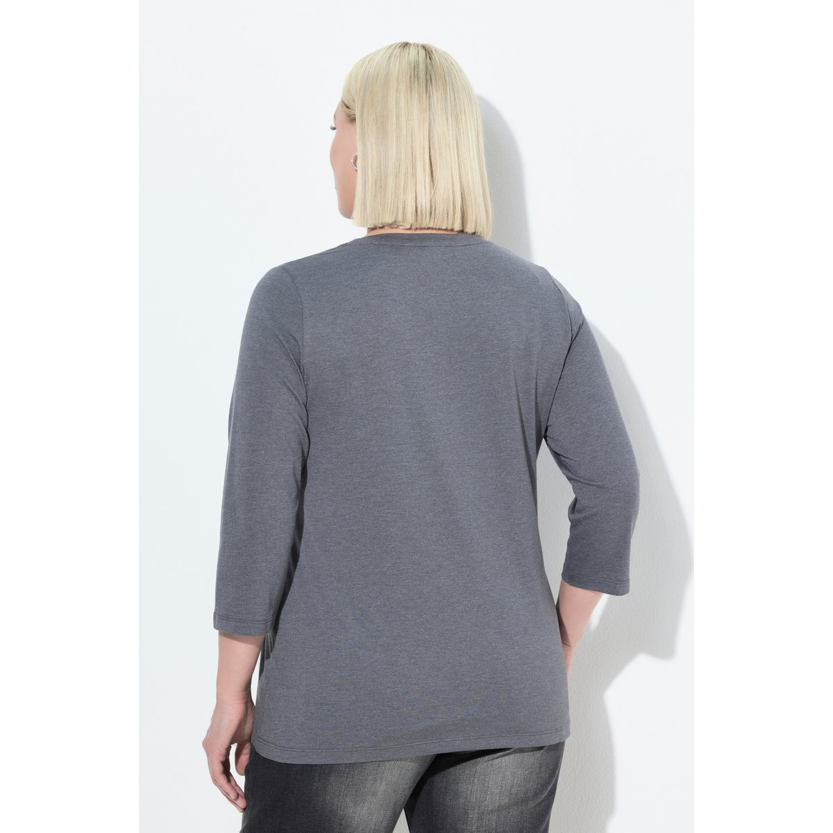 T-shirt décolleté en V et manches 3/4 gris graphite, ULLA POPKEN