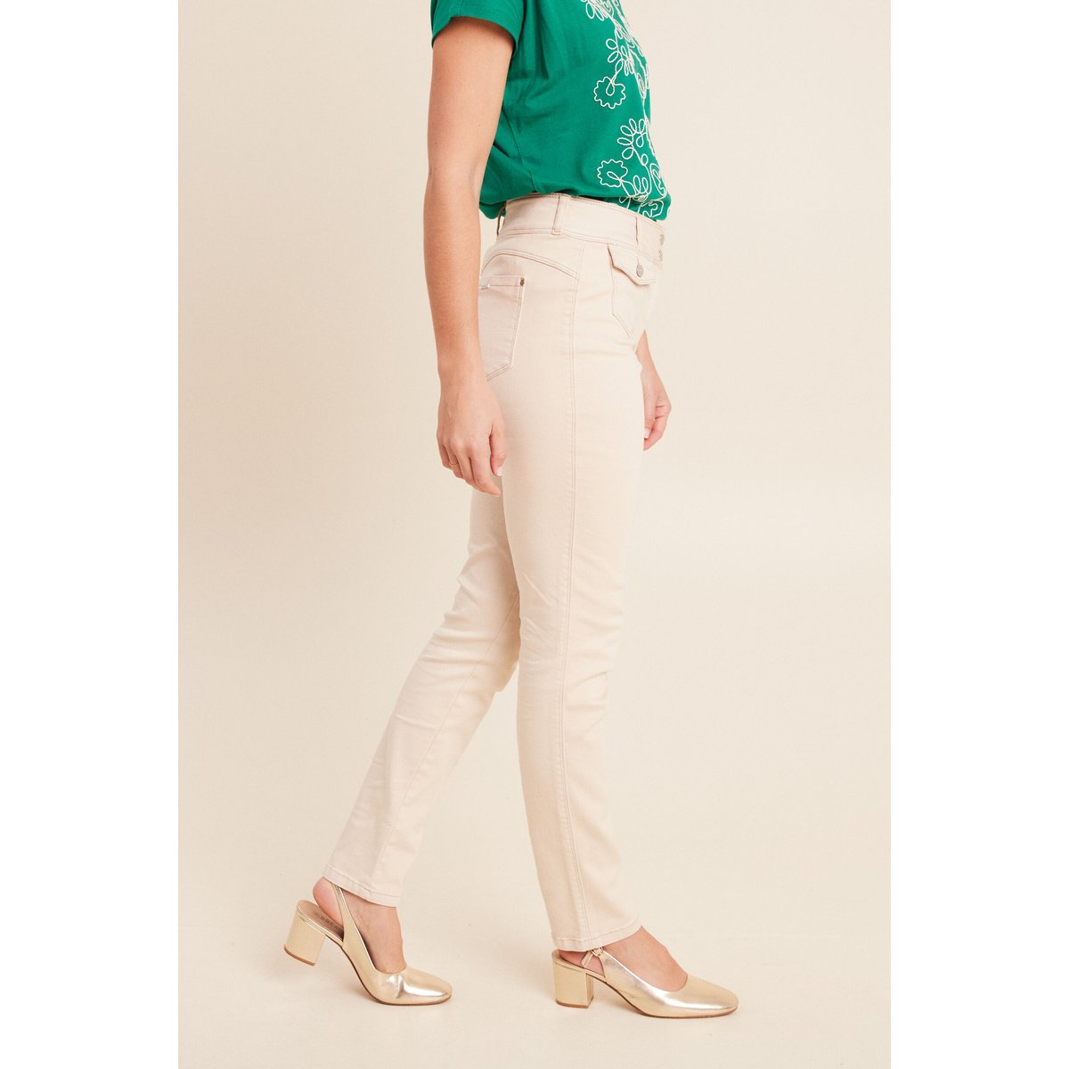 Jean ajusté taille haute longue beige claire, BREAL